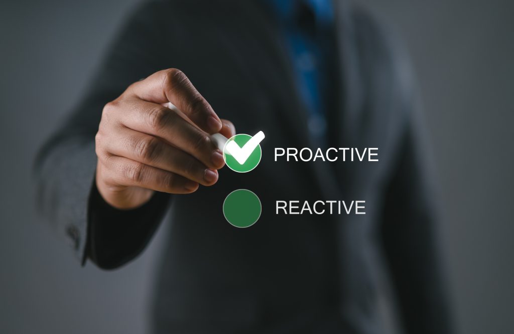 Proactive or reactive solution initiative concept. Person ticking a checkbox with the text proactive.