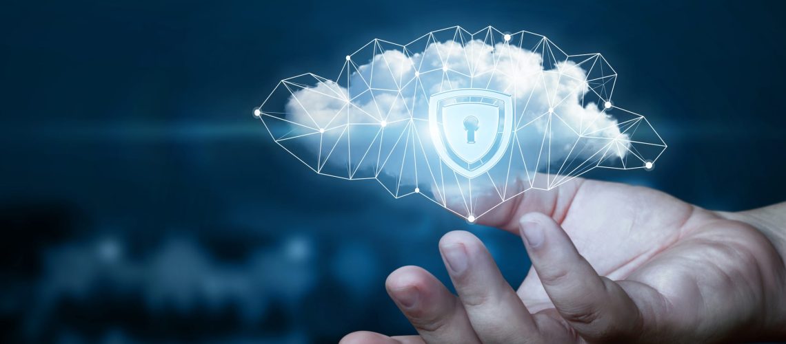 Hand shows a data cloud with a protective shield.